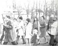 The celebrations of the First of May. The director of the company where Marie worked, Ladislav Kolmar, was photographing the marching crowd so that he could later check whether all employees participated. Marie Blažková, second from right.