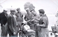 Ján Bajtoš (first from the right side) in his youth with his motorcycle (1956).
