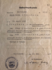 Hana's first birth certificate from Mauthausen.