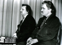 Mykola Horbal (left) and Levko Lukyanenko and during the presentation of Lukyanenko's book "I Believe in God and in Ukraine" (Viruyu v Boha i v Ukrayinu). Kyiv, 1991