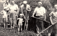 Sedláčkovi na senách / Pavla Mikešová (vlevo) s mladším bratrem, otcem (třetí zprava), dědečkem (druhý zprava), matkou (první zprava) a dalšími příbuznými / kolem roku 1961