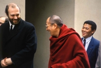 The first visit of His Holiness the Dalai Lama in Czechoslovakia in 1990, next to him,  Alexandr Neuman. Photograph: Stanislav Doležal.
