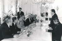 The delegation of the PTP Union is received by the President, Václav Havel. Emil Pražan, sitting, third from left. October 1991