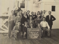 Return from Argentina by ship Madrid, Leopold Eibel kneeling lower left, Františka Eibel with white collar, 1932
