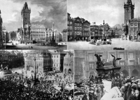 A series of archive images of the Marian Column. The image above show the Marian Column in its original form, the image on the bottom left shows a gathering of a crowd at the Marian Column, and the image on the bottom right shows the Marian Column immediately after its demolition.