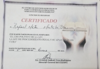 Certificate for participation in a seminar dedicated to Cuban law and judicial system issued in 2011
