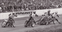 Racing, from the left: Jiří Štancl, Olsen, Mauger, falling J. Verner, 1970s 
