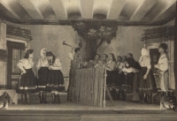 Anna Poláková (far left) playing theatre, 1951