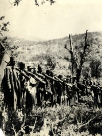 Snímek pořízený ve druhé polovině druhé světové války patrně v chorvatské Slavonii zachycuje skupinu příslušníků I. čs. samostatné brigády Jana Žižky z Trocnova, bojujících v řadách Titových partyzánů