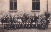 Elementary school in Montgomeryho Street, Václav Hora, third from the left (standing), circa 1947 