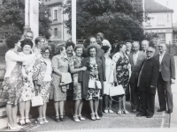 Reunion of the Humpolec grammar school graduates of 1948. Vladimír's head is barely showing (back row, left), with their teacher and later the abbot of the Benedictine monastery of Želiv, Bohumil Vít Tajovský. Humpolec, 1978