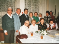 Reunion of the Humpolec grammar school graduates of 1948. Also shown a popular teacher and later the abbot of the Benedictine monastery of Želiv, Bohumil Vít Tajovský. Humpolec, 1996