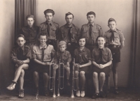 Scout band of Humpolec. František Vondráček is standing in the back row, second from left. 1948