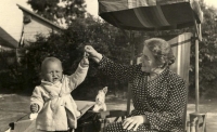 Pavel with his grandmother Olga Schmolková from his mother's side, Jablonná, 1937