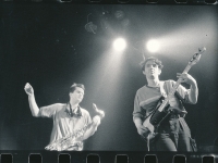 Ivo (on the right) during a concert of Garáž dedicated to Andy Warhol, Lucerna Palace, Prague, the early 1990s
