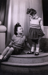 Sisters Věra and Jana Trávníčková in Sokol costume, the witness is on the left, 1945