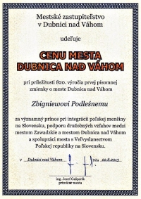 Ocenenie od mesta Dubnica nad Váhom pri príležitosti 820. výročia prvej písomnej zmienky o meste