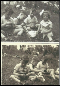 Petr vlevo s kamarádem Pavlem a kamarádkou Kitty si hrají na hřišti na Hagiboru, jediném povoleném místě pro židovské děti, Praha, 1940