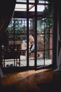 Photo of Ewa on the terrace in Dunajská Lužná, May 2018, taken by Katarína Haršányová.

