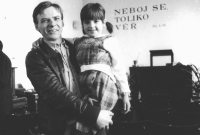 Jan Hrabina and his daughter Julie after the service in the Na Topolce Baptist Church, Prague, April 1989