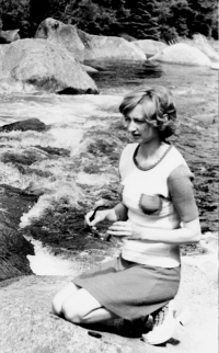 Marie Svatošová at the river Vydra in Šumava , 1975