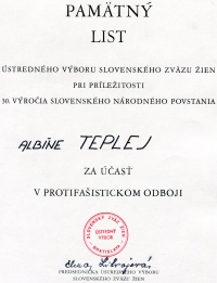 commemorative letter for participation in the resistance