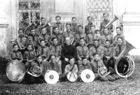 Brass ensemble. Leading O. Ševela, next to him on the left J. Hladiš - clarinet, the second row second left J. Stojaspal - trumpet and at the bottom right a nephew of O. Ševela Pavel Š. - horn, 1967/8