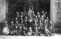 String ensemble. Sitting row: far right Pavel Ševela. Second row: fourth from the left Jan Rybář - violin, middle. P. Ševela, from the right Josef Kolmaš - later a renowned Tibetologist and Sinologist, in the 1990s the director of the Oriental Institute of the Academy of Sciences. Next to him with a violin St. Peroutka. 3rd row second from left J. Hladiš - clarinet, 1967/8

