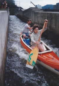 Vojtěch Petr with his wife going down the river