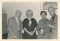 Abiturientská schůzka, zleva Milan Červák, Božena Krejčová, Jitka Řežábková, Zdeněk Berndorf, 1956.