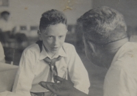 With teacher Kostomlatský at exams, 1954