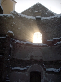 Church in Neratov in winter, still without a roof, 2003