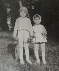 Marcela, daughter of the witness with a friend, standing on the right, Březnice u Zlína, 1964