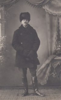 HIs grandfather, Vilém Dostál, wearing a fur coat he bought in Russian captivity 