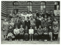 Photo of pupils in the 8th year at school Na Smetance, in Vinohrady, Prague, John is fifth from the right in the second row