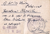 Jaroslav Kopáček, druhá strana fotografie, která sloužila jako osobní průkaz, 1947