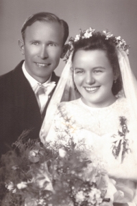 Wedding photo of Maria and Jiří Novák, Mistrovice, August 15, 1953
