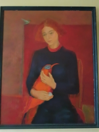 A painting of a girl with a bird 