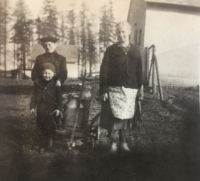 Aunt Moolcová, oldest brother Ladislav with younger brother on the state farm in Přibyslav
