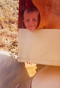 The Pechouš's son in a tent on the roof of a car, the early 1970s	