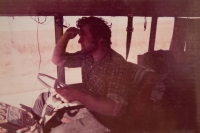Jiří Pechouš behind the wheel of a self-made camper van, the 1970s	