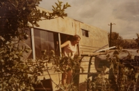 Milena Pechoušová in a van under construction in the garden of her home in Pretoria in the 1970s