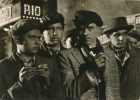 From the shooting of the film Lead Bread (Olověný chléb), Hynek Bočan first from the left, 1950s