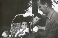 Grandpa František with granddaughters Veronika in a pram, and Milena, 1969
