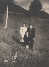 Behind the house on a walk with parents, Vrchová, probably 1946