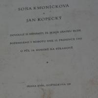 Svatební oznámení rodičů pamětníka – Jana Kopeckého a Soni Kmoníčkové