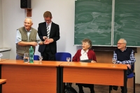 Discussion at the Department of History, Faculty of Arts, UJEP University in Ústí nad Labem (19 November 2013), Vladimír Branislav on the left, Otta Bednářová in the middle and Jaromír Kincl on the right 
