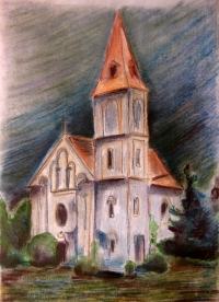 Kresba kostela na vrchu Krasíkov poblíž Lestkova (pravd. 60. léta)