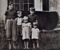 Sourozenci Hrdinovi, Stará Obora, 1953, první fotografie po vystěhování, zleva: Jan, Zdeněk, Marie, Jaroslav, Vlasta
