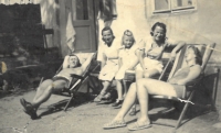 At the boarding house courtyard, from the left, Dr Frydrych, her mother, Vlasta, Jindřiška, her aunt, Dr. Frydrych's wife, Zdena, around 1944